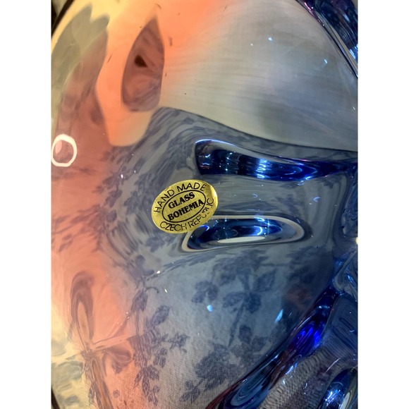 Pink Blue Hand Made 10" Glass Pedestal Bowl Bohemia Czech Republic Glass MCM - Picture 3 of 12